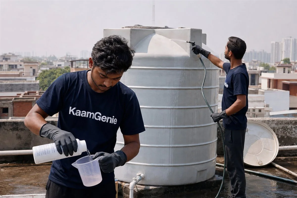 KaamGenie crew cleaning a water tank in Sector 29, Noida
