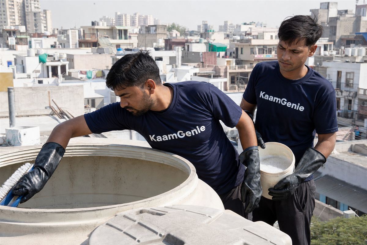 KaamGenie crew cleaning a water tank in Sector 31, Noida