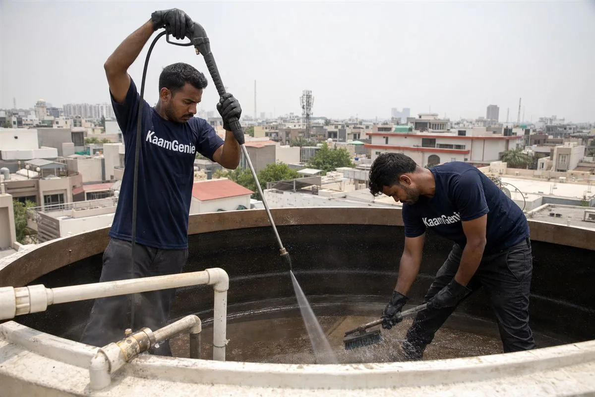 KaamGenie crew cleaning a water tank in Sector 32, Noida