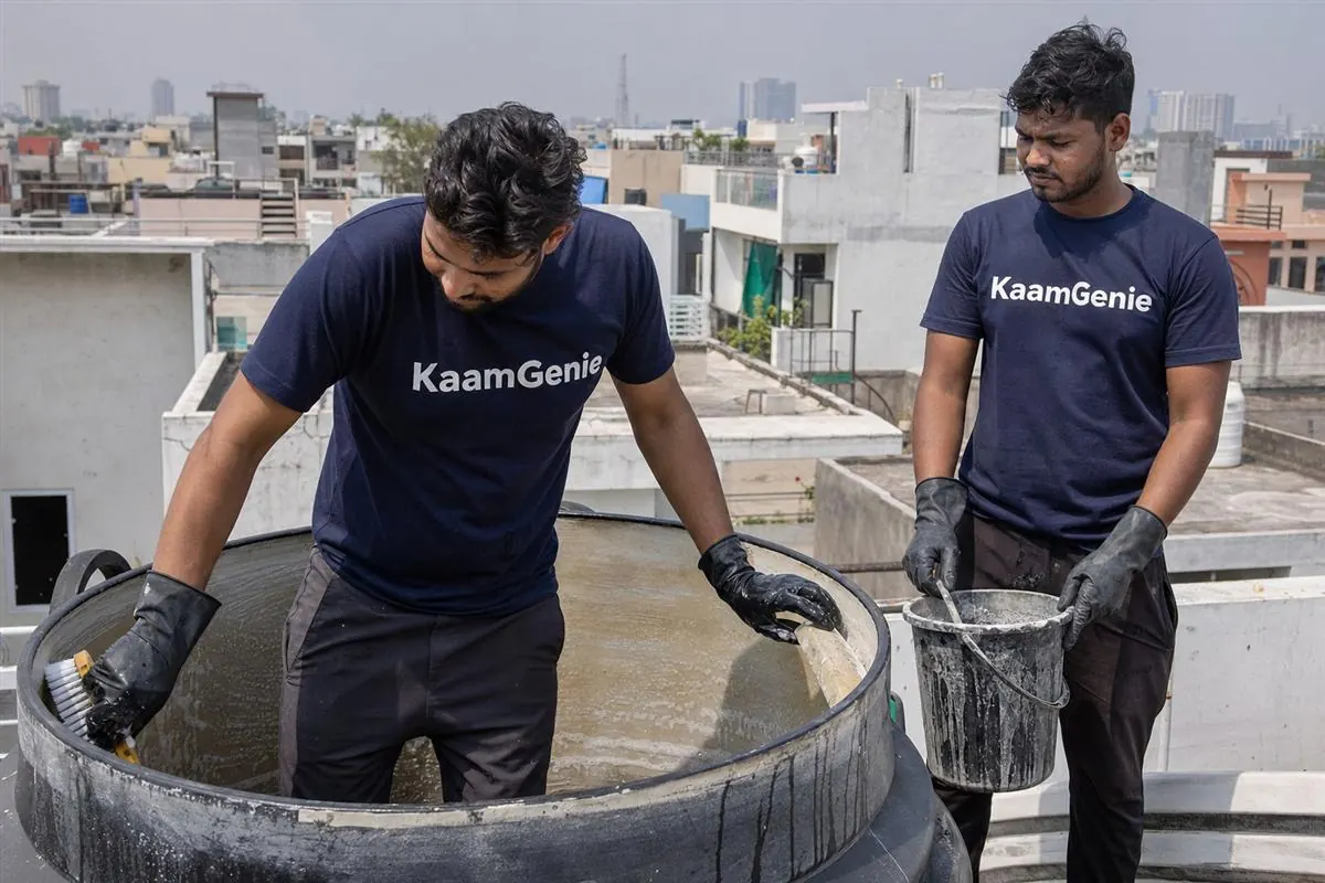 KaamGenie crew cleaning a water tank in Sector 33, Noida