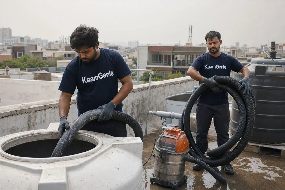 KaamGenie crew cleaning a water tank in Sector 34, Noida