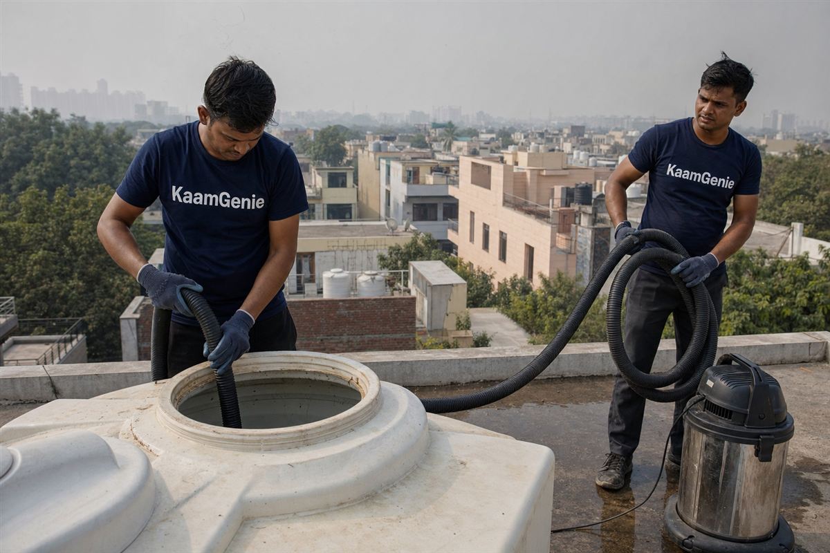 KaamGenie crew cleaning a water tank in Sector 35, Noida