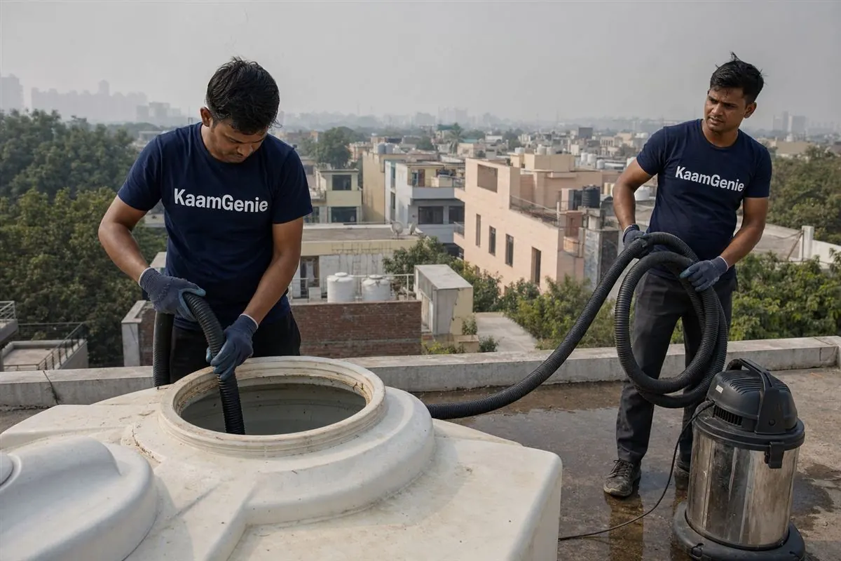 KaamGenie crew cleaning a water tank in Sector 35, Noida