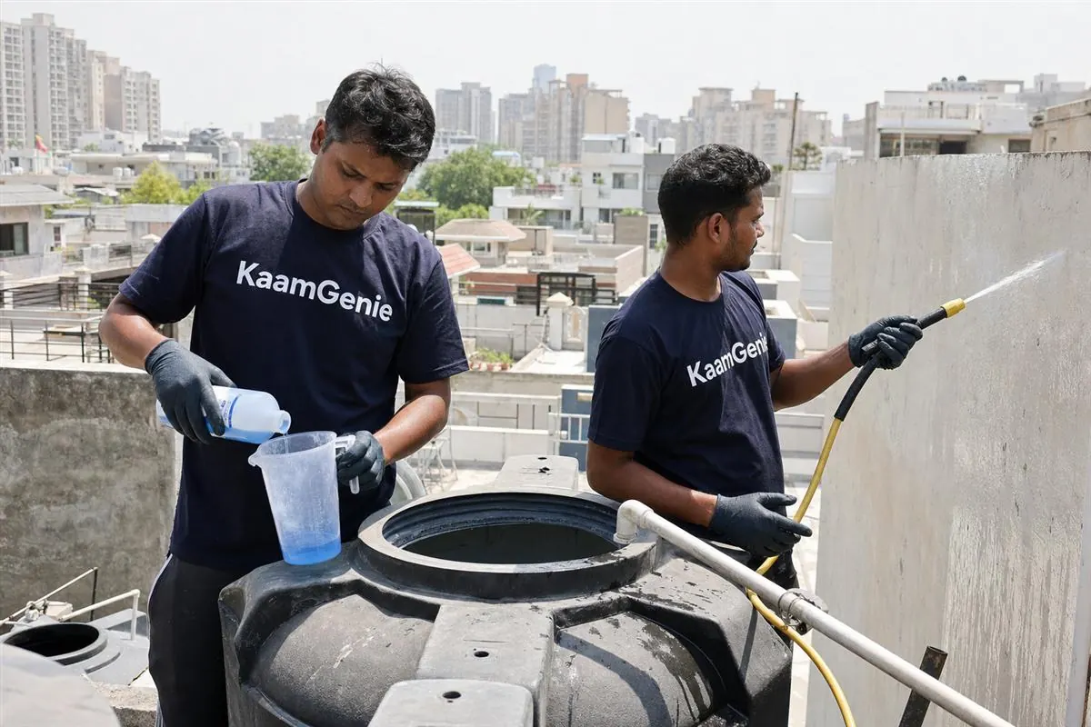 KaamGenie crew cleaning a water tank in Sector 39, Noida