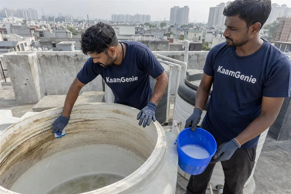KaamGenie crew cleaning a water tank in Sector 41, Noida
