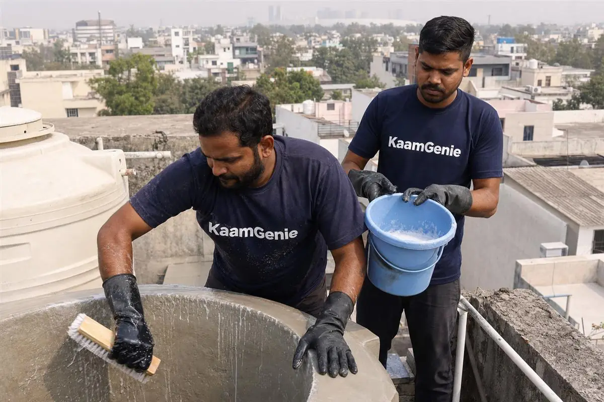 KaamGenie crew cleaning a water tank in Sector 43, Noida