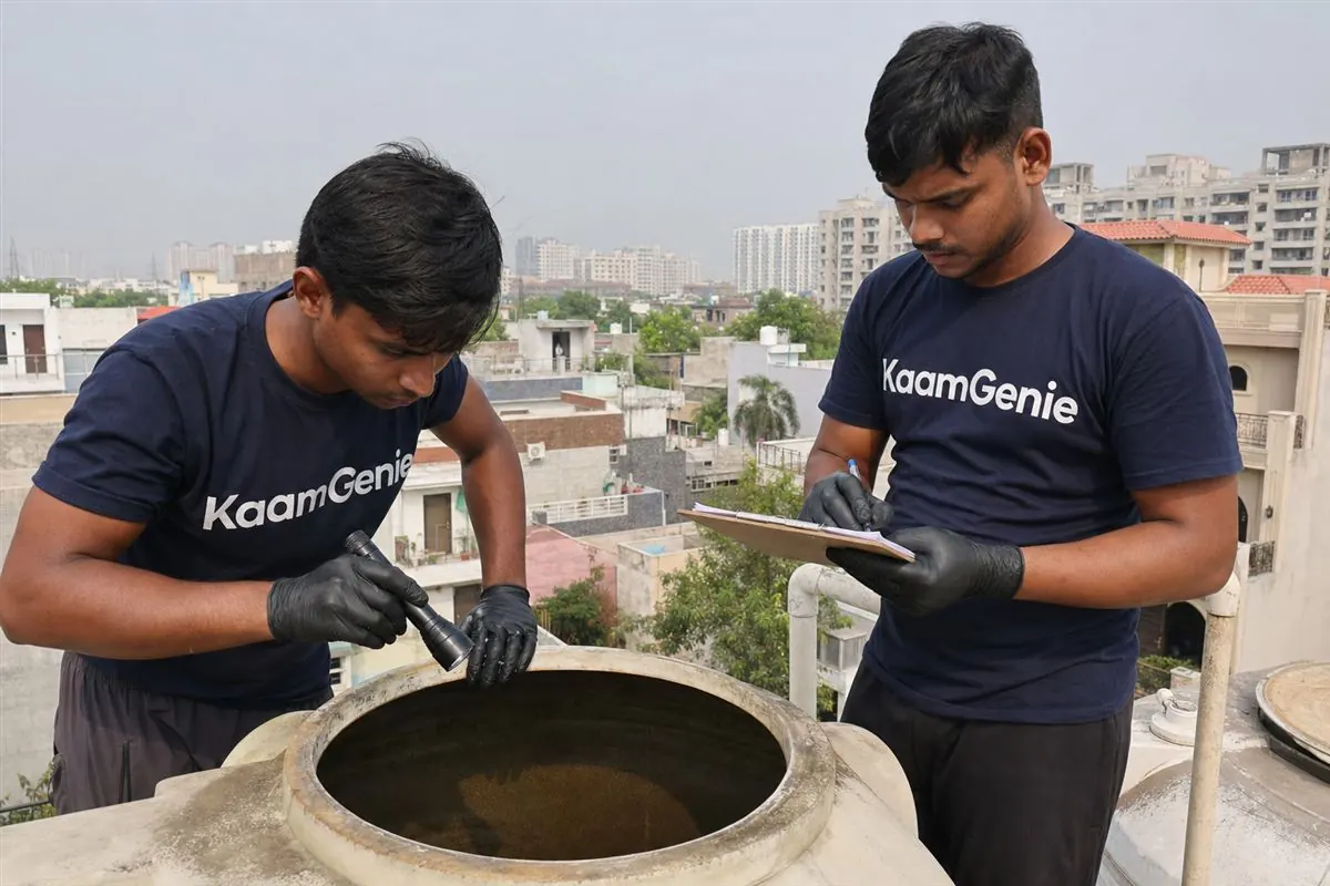 KaamGenie crew cleaning a water tank in Sector 45, Noida