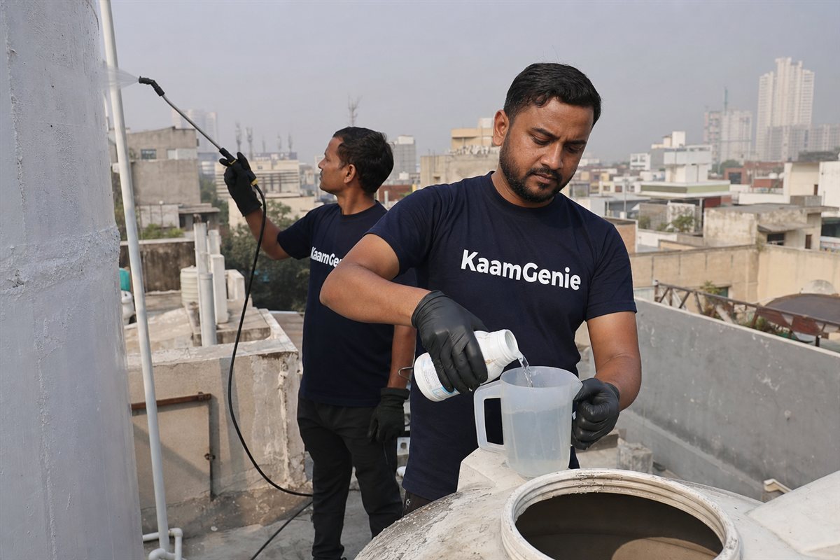 KaamGenie crew cleaning a water tank in Sector 46, Noida