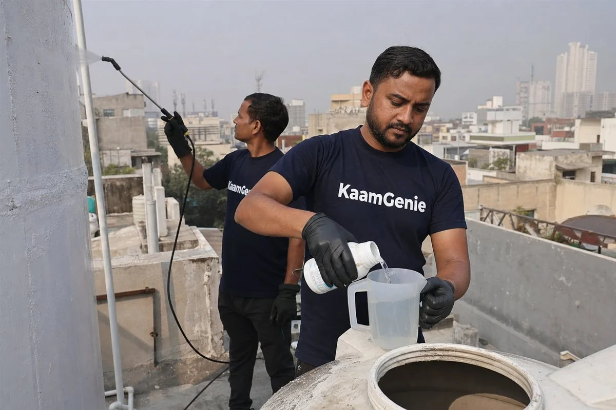KaamGenie crew cleaning a water tank in Sector 46, Noida