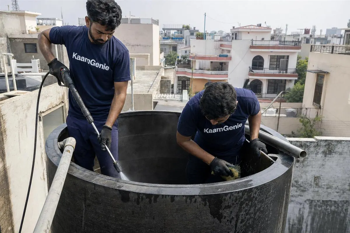 KaamGenie crew cleaning a water tank in Sector 47, Noida