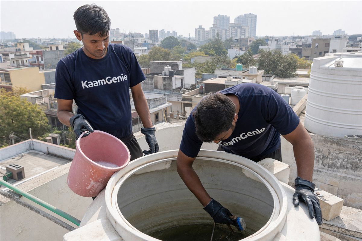 KaamGenie crew cleaning a water tank in Sector 48, Noida