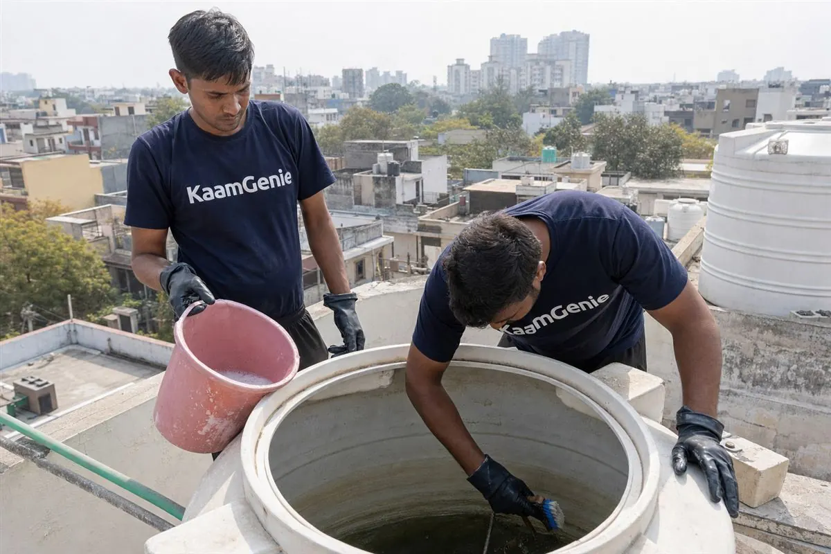 KaamGenie crew cleaning a water tank in Sector 48, Noida