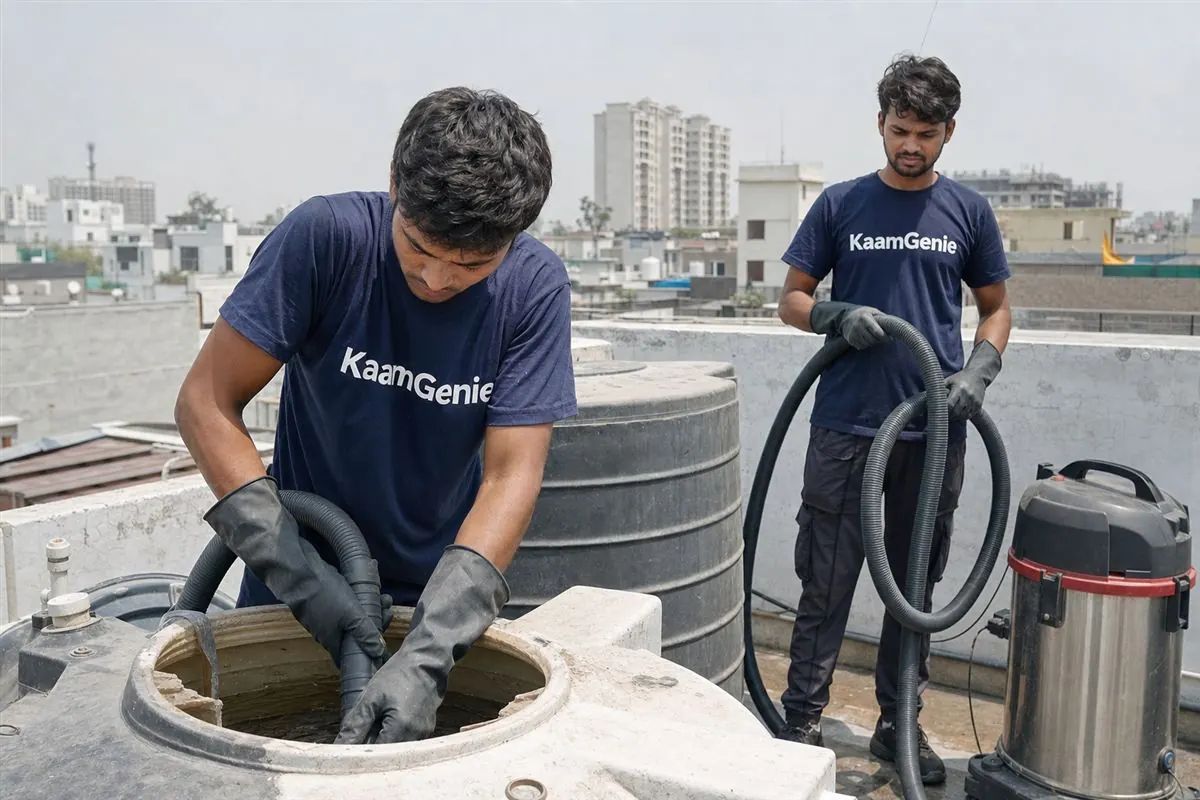 KaamGenie crew cleaning a water tank in Sector 49, Noida