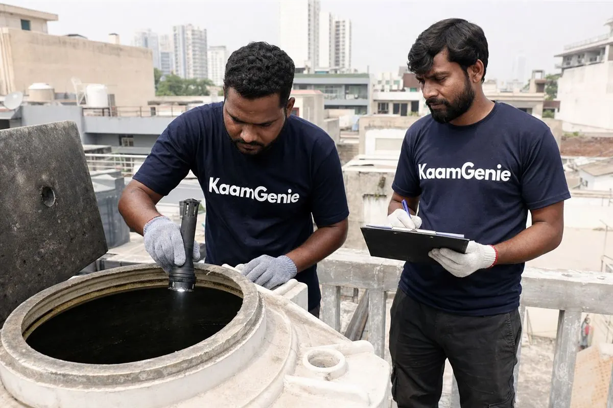 KaamGenie crew cleaning a water tank in Sector 50, Noida