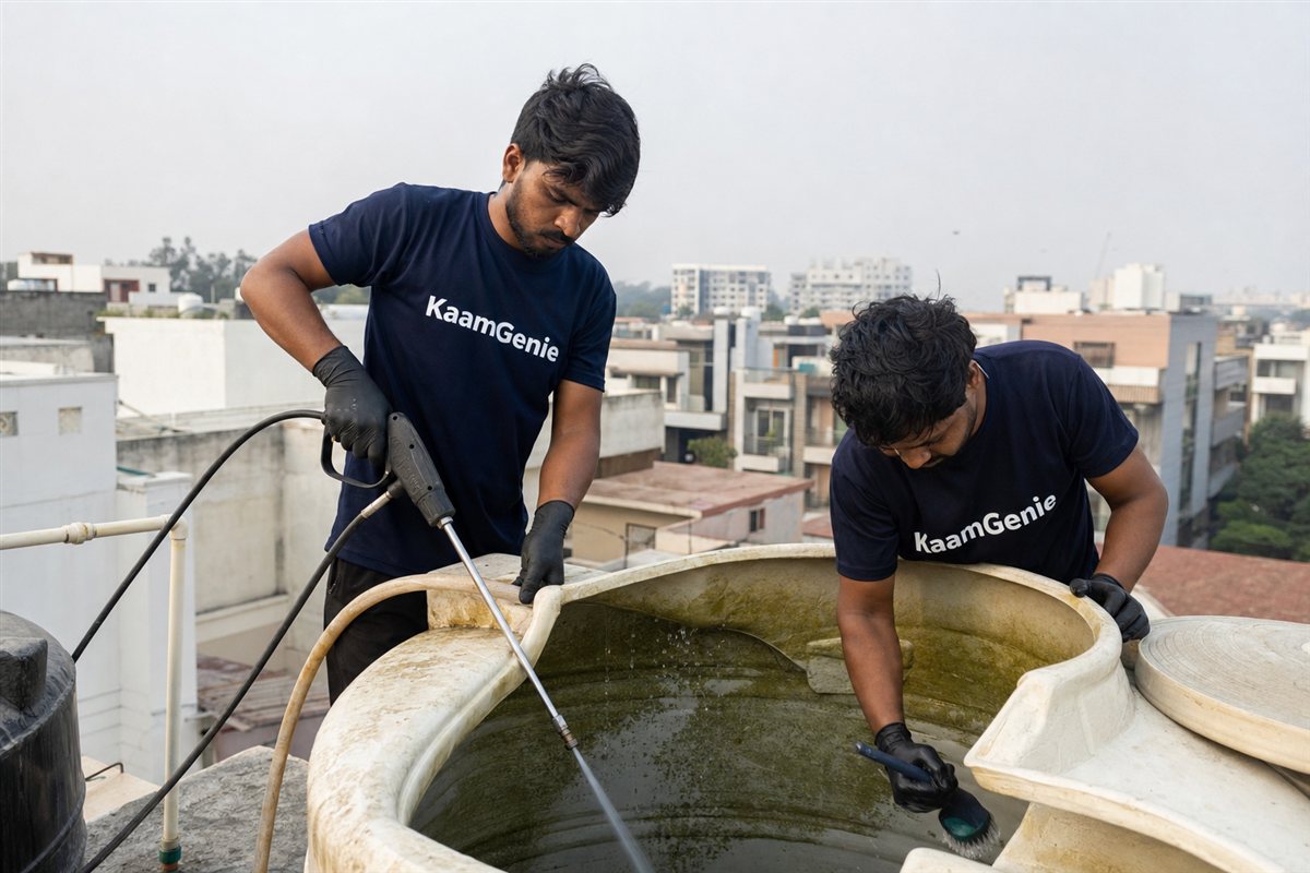 KaamGenie crew cleaning a water tank in Sector 52, Noida