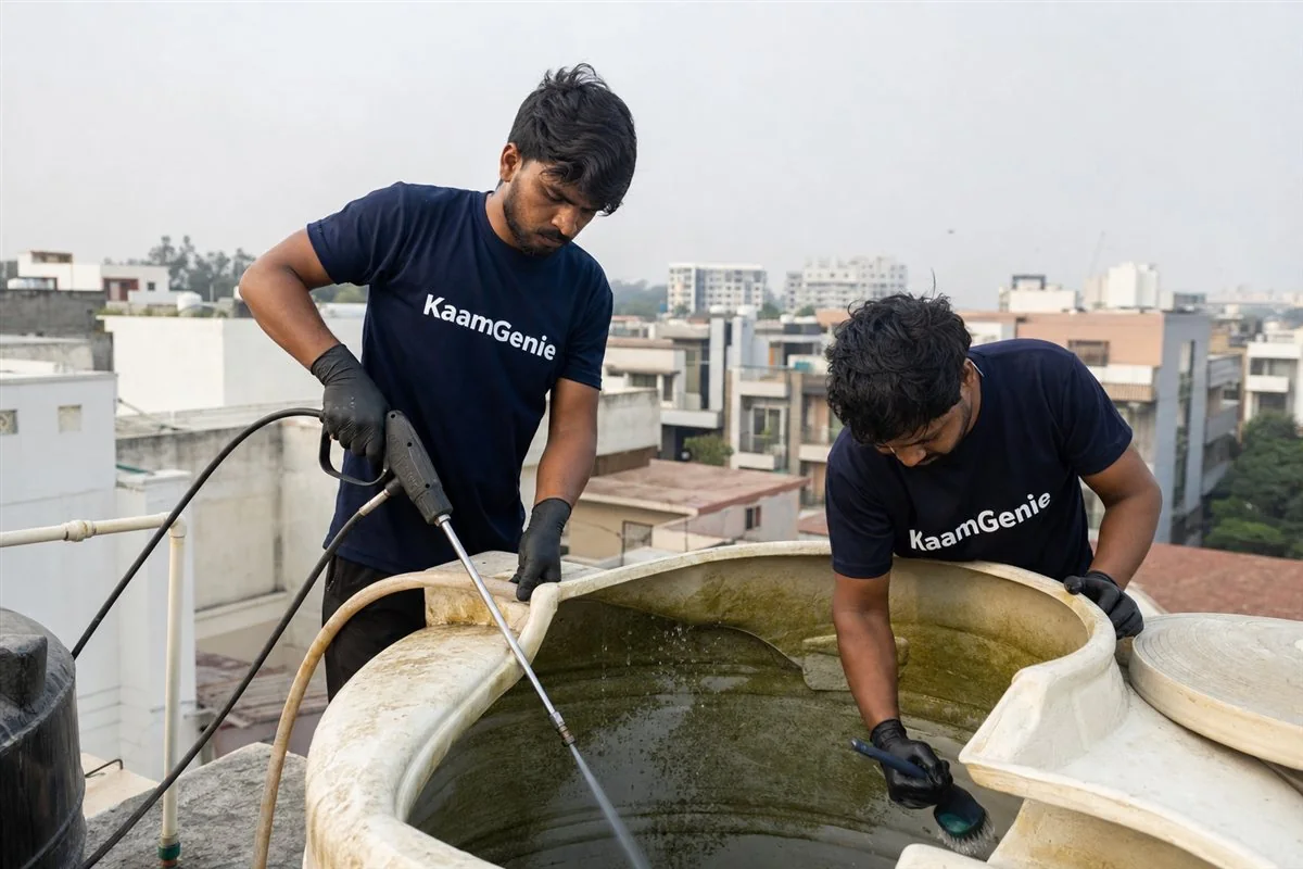 KaamGenie crew cleaning a water tank in Sector 52, Noida
