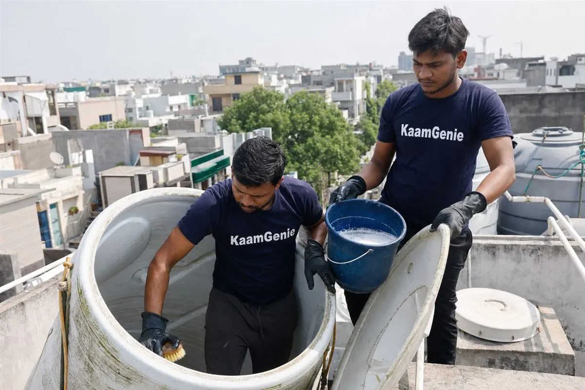 KaamGenie crew cleaning a water tank in Sector 53, Noida