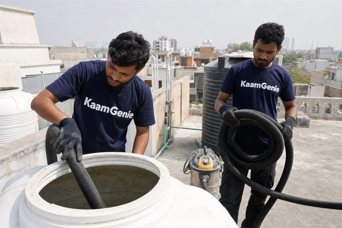 KaamGenie crew cleaning a water tank in Sector 55, Noida