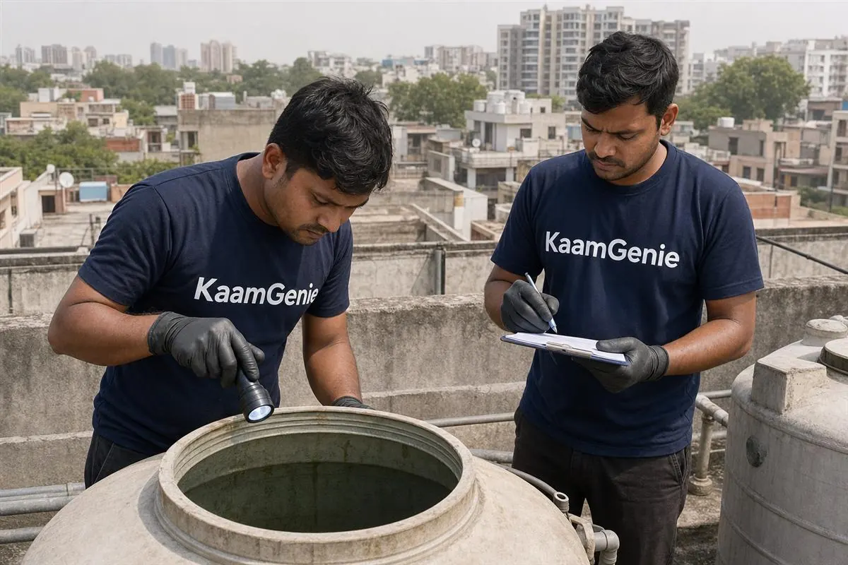 KaamGenie crew cleaning a water tank in Sector 56, Noida
