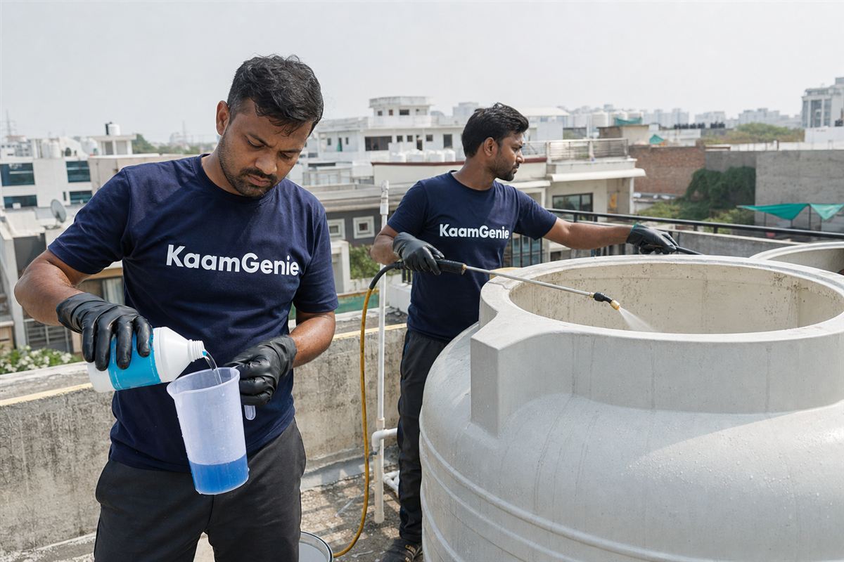 KaamGenie crew cleaning a water tank in Sector 61, Noida