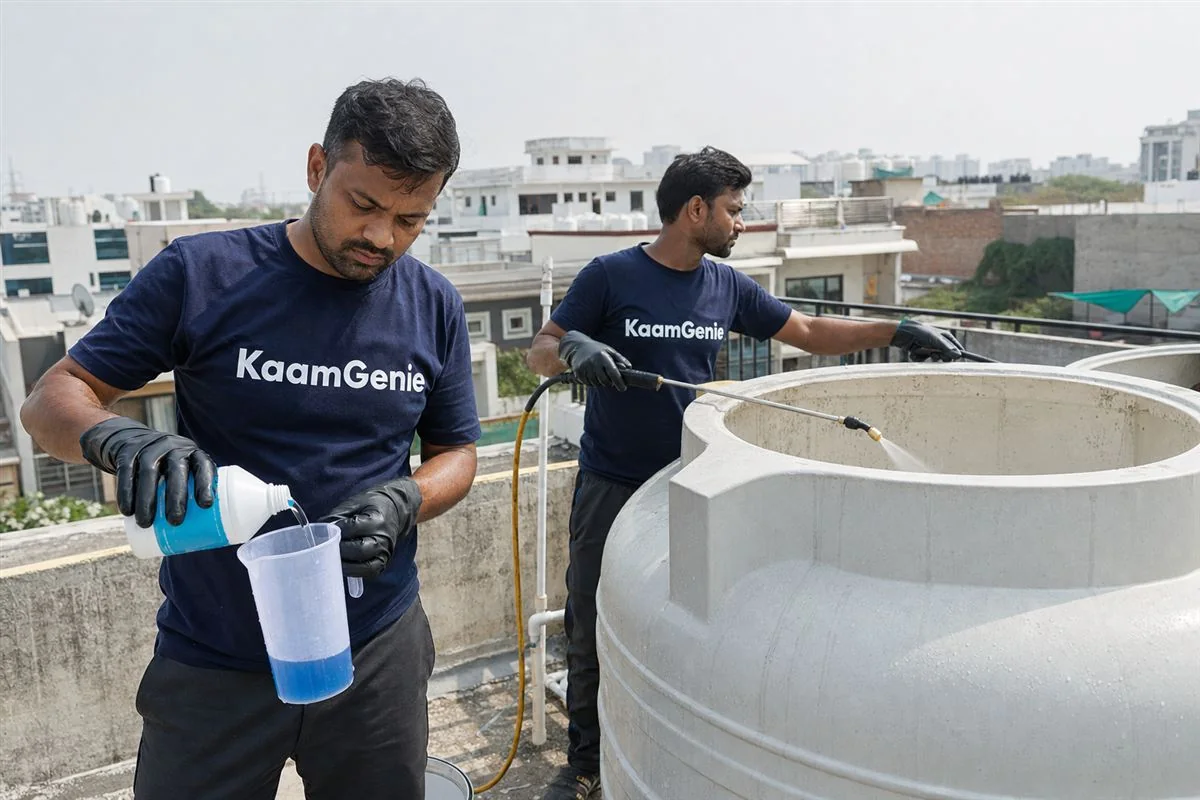 KaamGenie crew cleaning a water tank in Sector 61, Noida