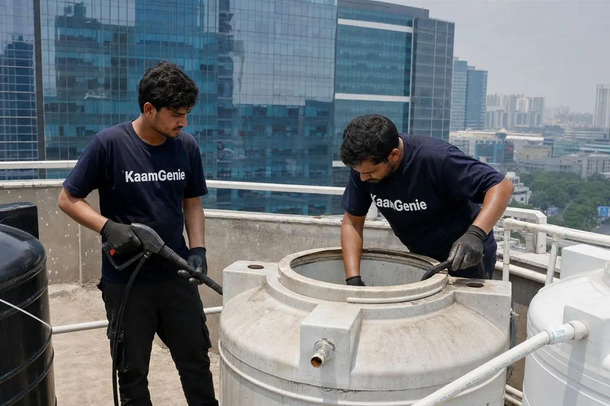 KaamGenie crew cleaning a water tank in Sector 62, Noida