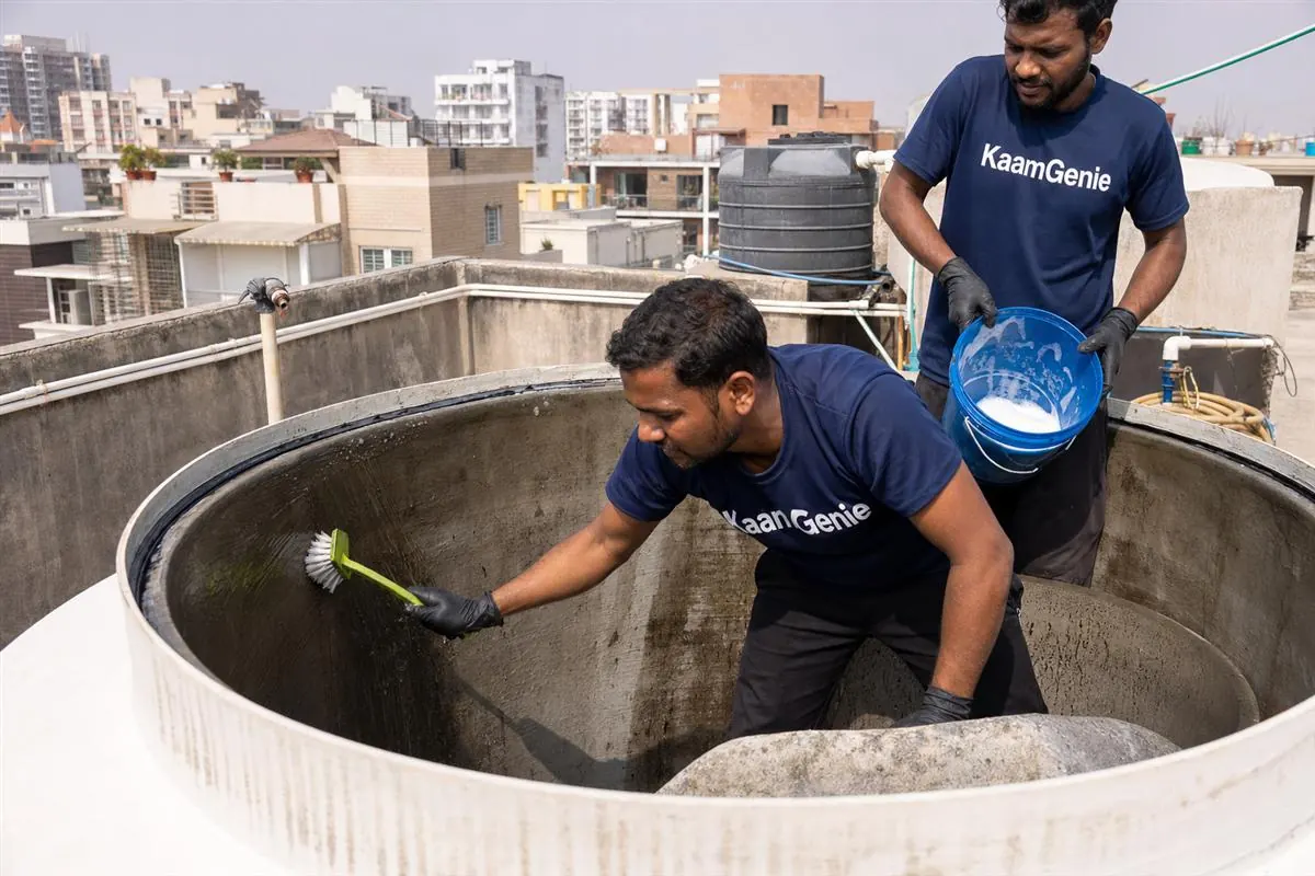 KaamGenie crew cleaning a water tank in Sector 63, Noida