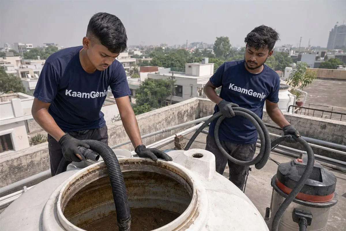 KaamGenie crew cleaning a water tank in Sector 64, Noida