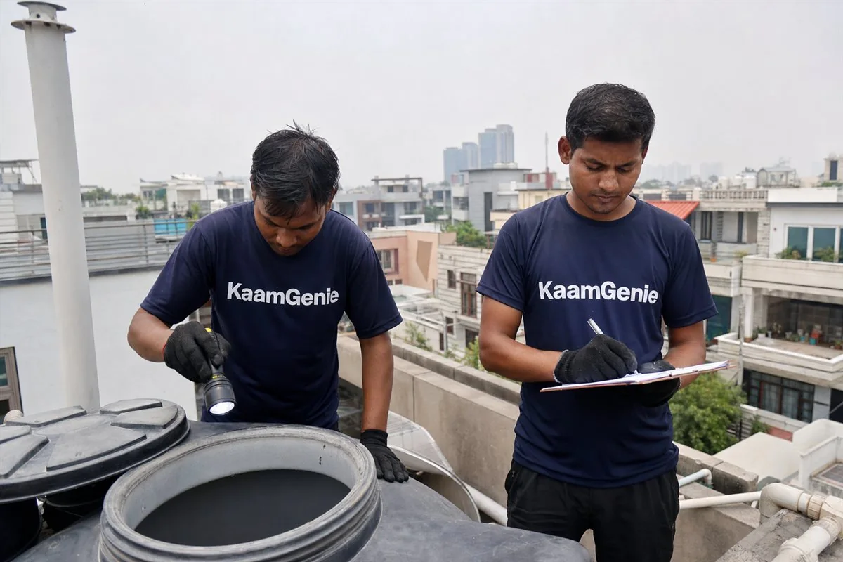 KaamGenie crew cleaning a water tank in Sector 65, Noida