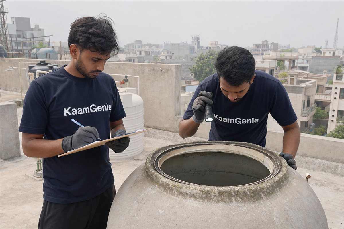 KaamGenie crew cleaning a water tank in Sector 70, Noida
