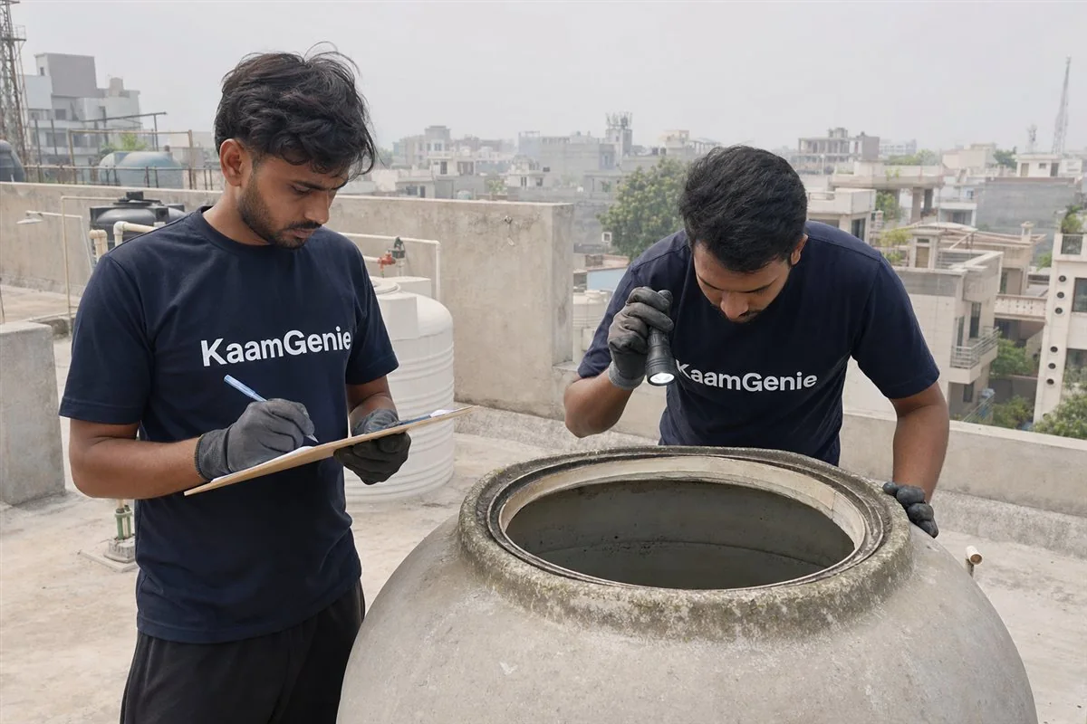 KaamGenie crew cleaning a water tank in Sector 70, Noida