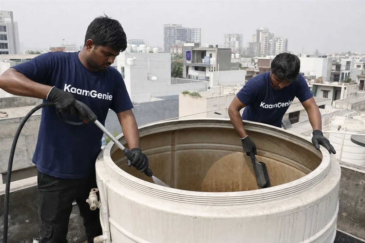 KaamGenie crew cleaning a water tank in Sector 71, Noida