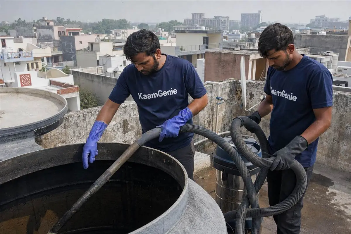 KaamGenie crew cleaning a water tank in Sector 73, Noida