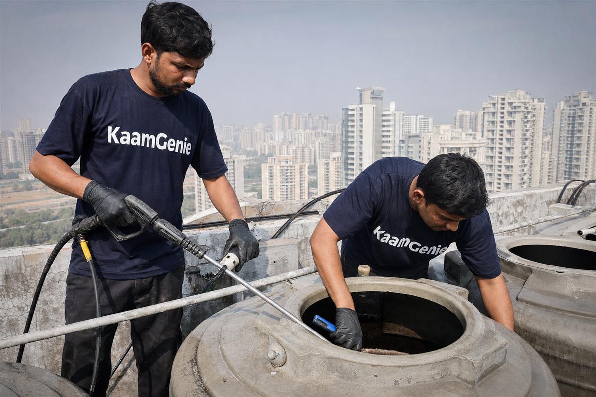 KaamGenie crew cleaning a water tank in Sector 75, Noida