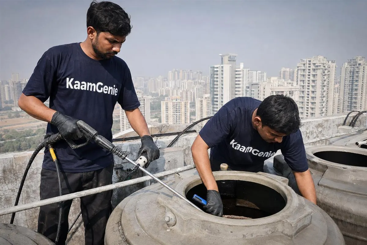 KaamGenie crew cleaning a water tank in Sector 75, Noida