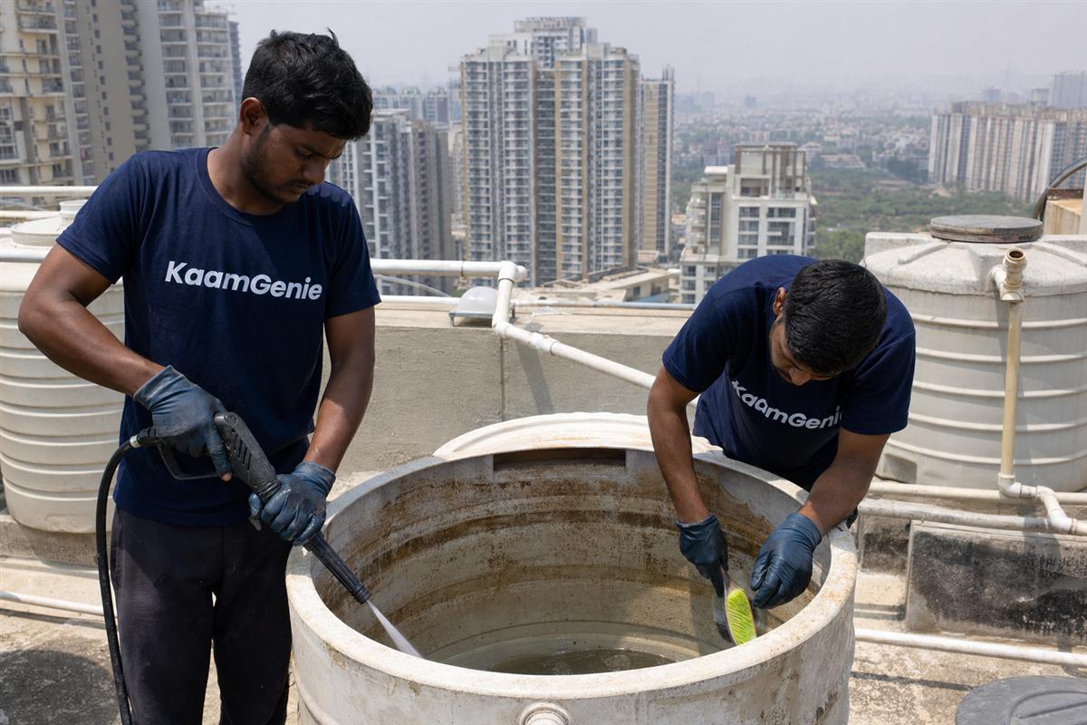 KaamGenie crew cleaning a water tank in Sector 76, Noida