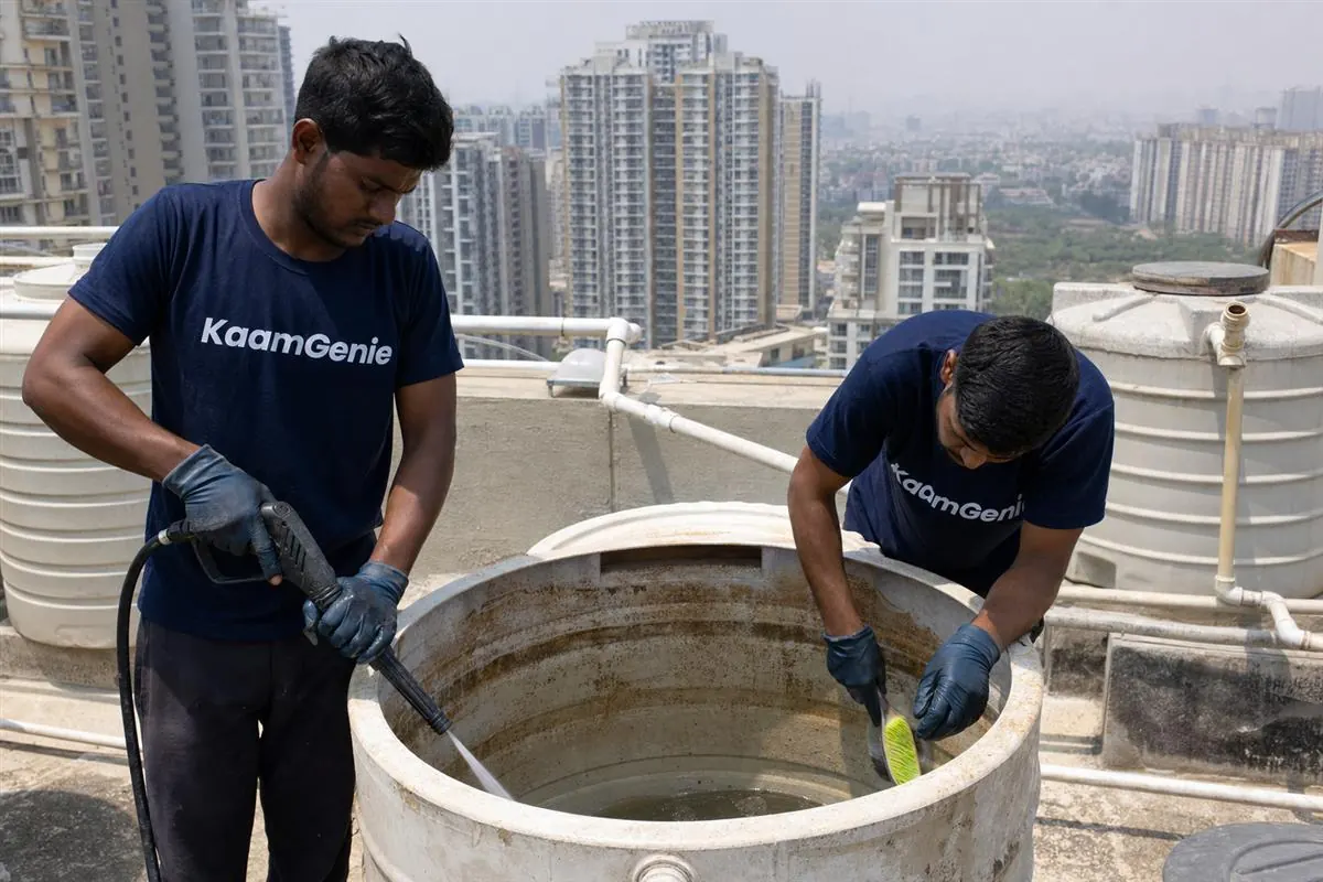 KaamGenie crew cleaning a water tank in Sector 76, Noida