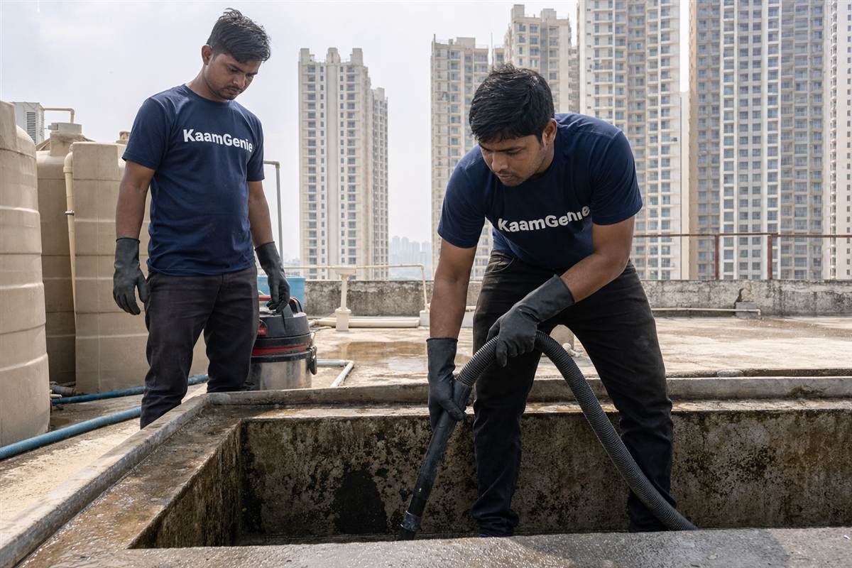 KaamGenie crew cleaning a water tank in Sector 78, Noida