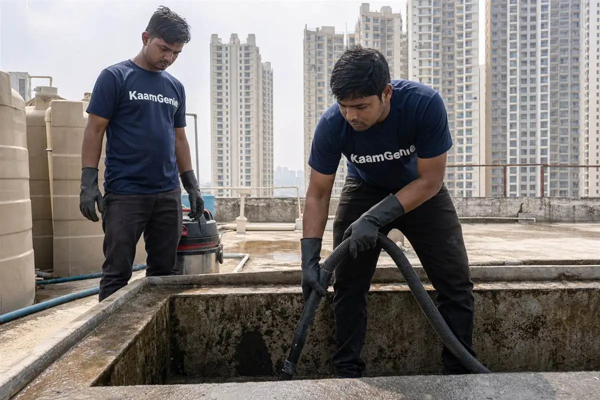 KaamGenie crew cleaning a water tank in Sector 78, Noida