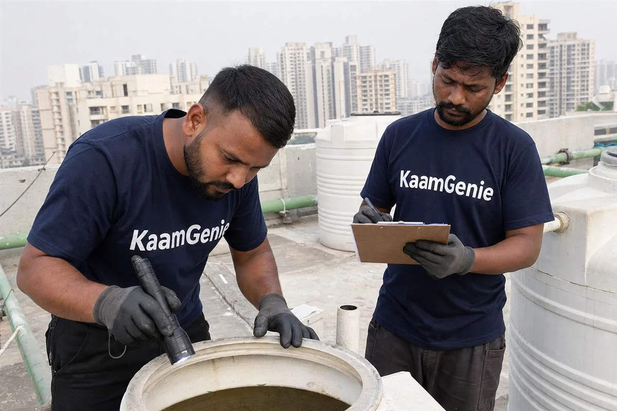 KaamGenie crew cleaning a water tank in Sector 79, Noida