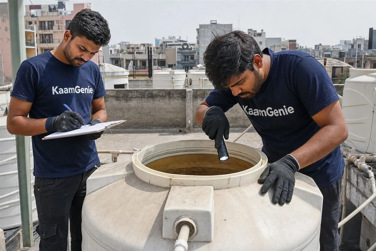 KaamGenie crew cleaning a water tank in Sector 82, Noida