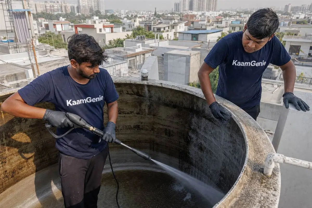 KaamGenie crew cleaning a water tank in Sector 92, Noida