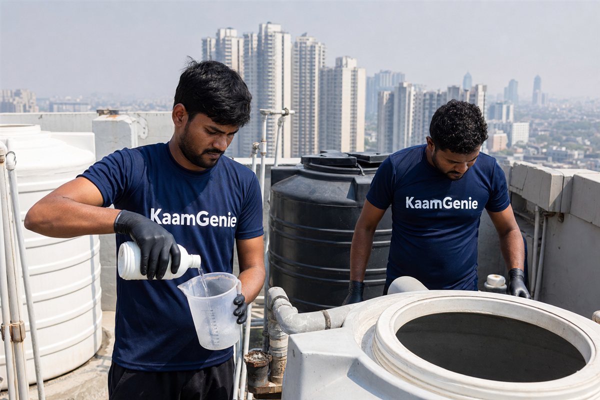 KaamGenie crew cleaning a water tank in Sector 93A, Noida