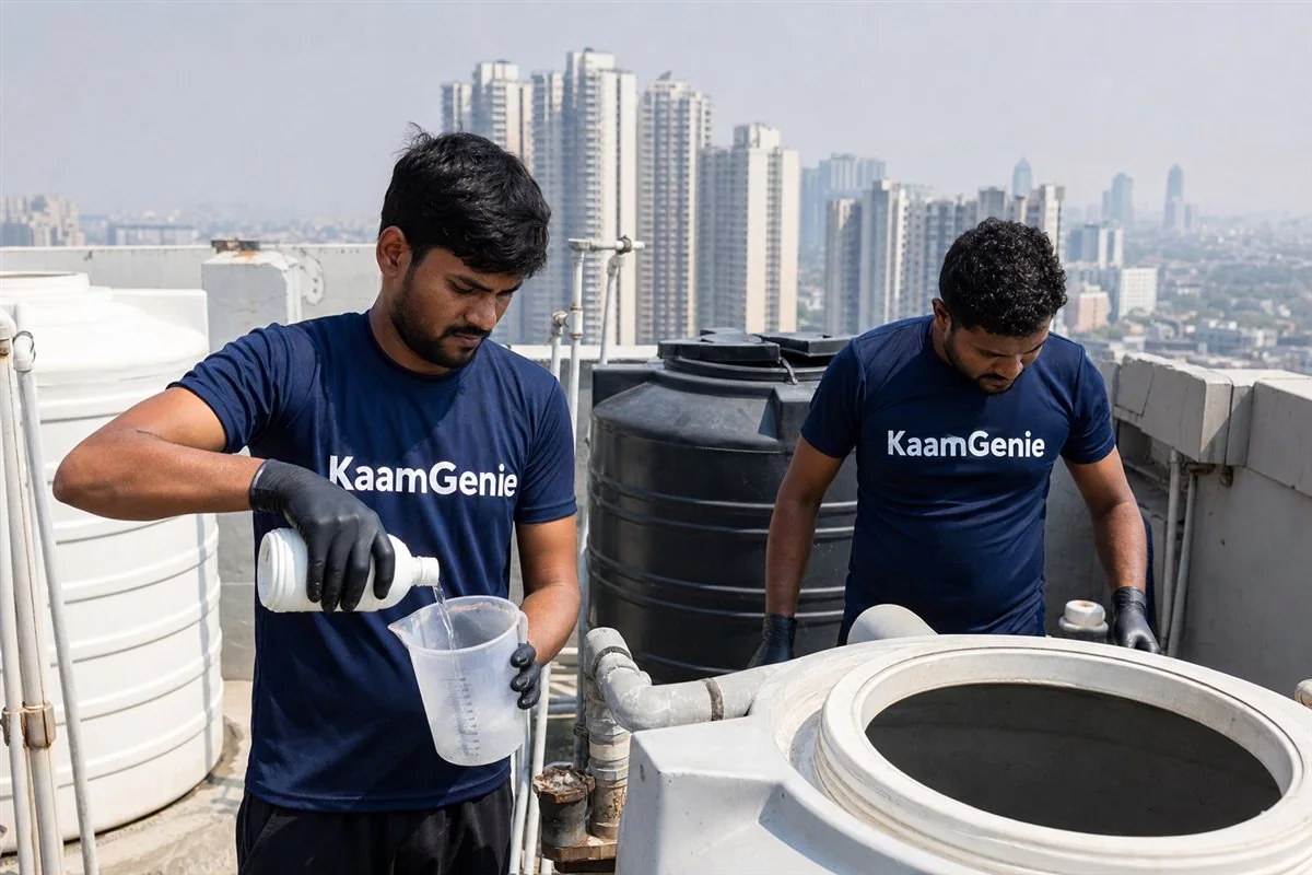KaamGenie crew cleaning a water tank in Sector 93A, Noida