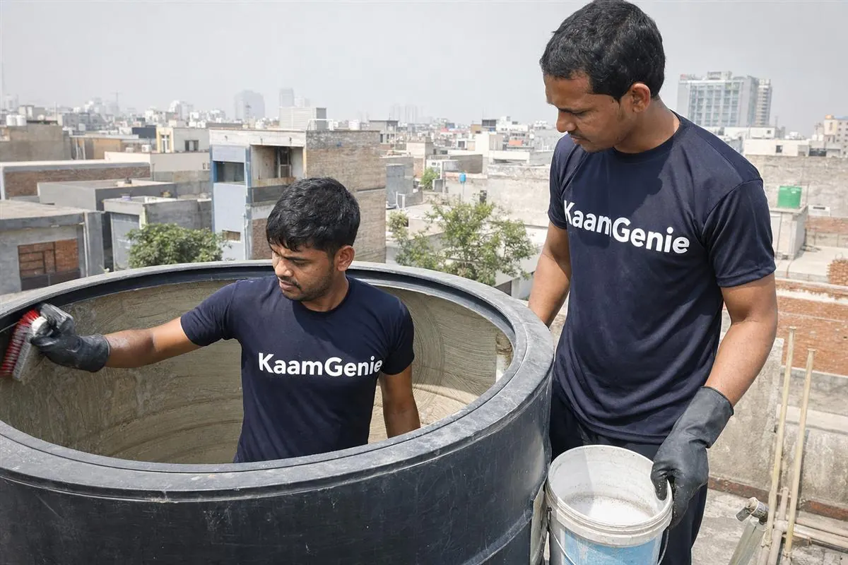 KaamGenie crew cleaning a water tank in Sector 99, Noida