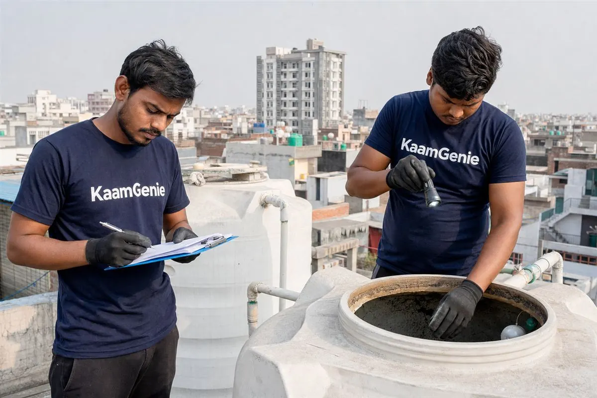 KaamGenie crew cleaning a water tank in Sorkha, Noida