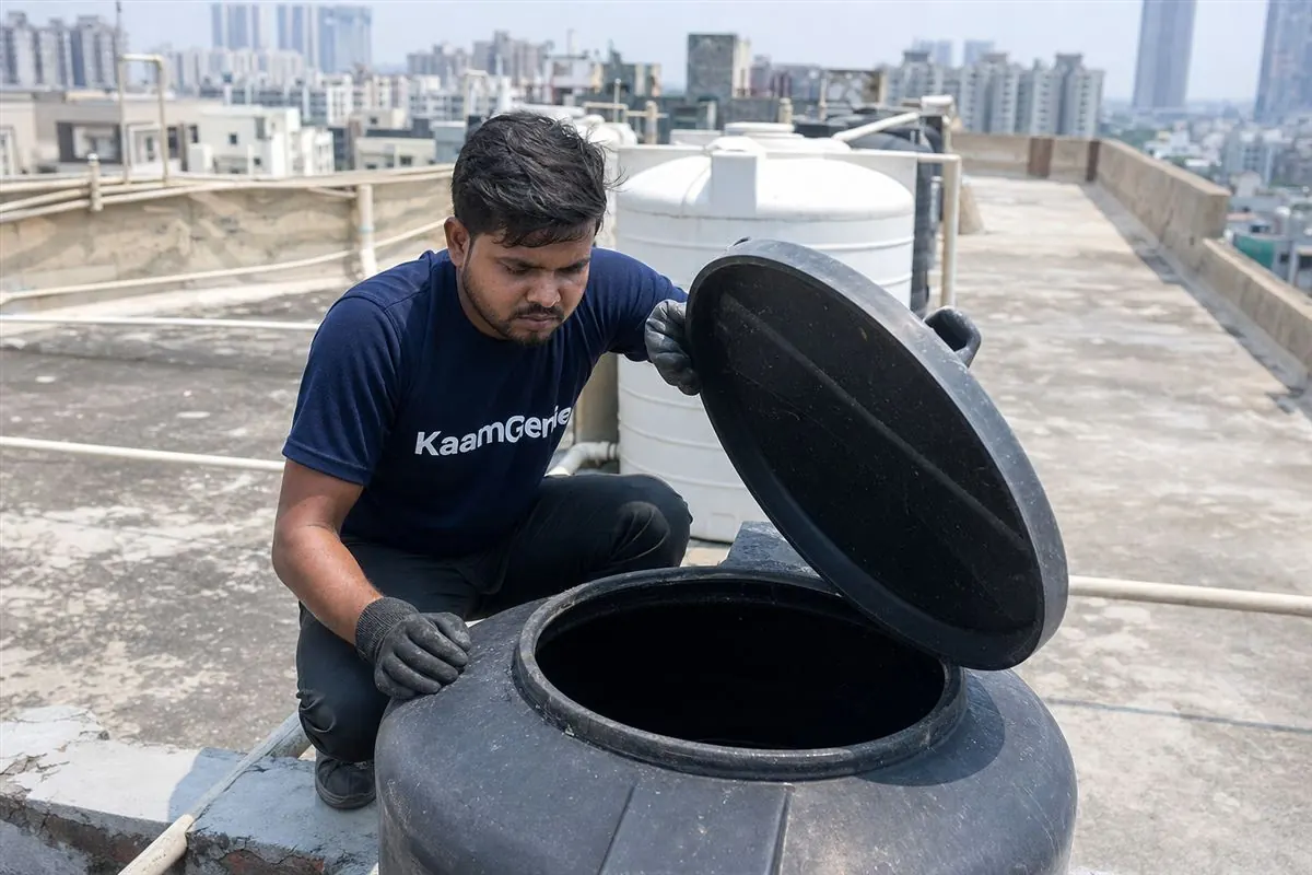 KaamGenie crew inspecting a Noida overhead water tank fed by treated Ganga water and hard borewell supply, residential sector behind