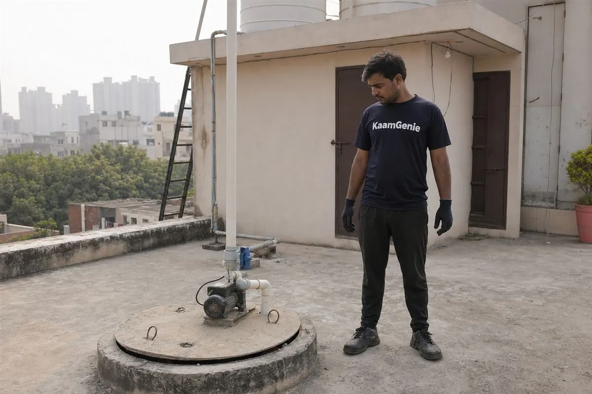 Illustrative photo of Noida water supply path - treated canal water and borewell feeding a sector main, then an underground sump, pump and rooftop overhead tank before reaching a tap