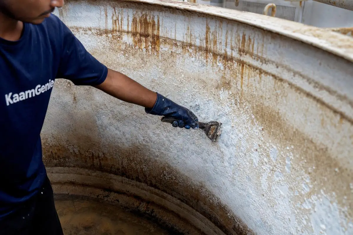 Close-up of chalky white calcium scale and rust-brown iron staining inside a Noida overhead tank fed by hard borewell groundwater