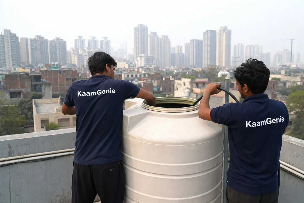 Two KaamGenie workers in navy shirts cleaning a rooftop water tank with the Noida skyline of sectors and towers behind them